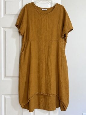 Bryn Walker 100% Linen Dress XL Mustard Gold A-Line Lagenlook Made USA Pockets